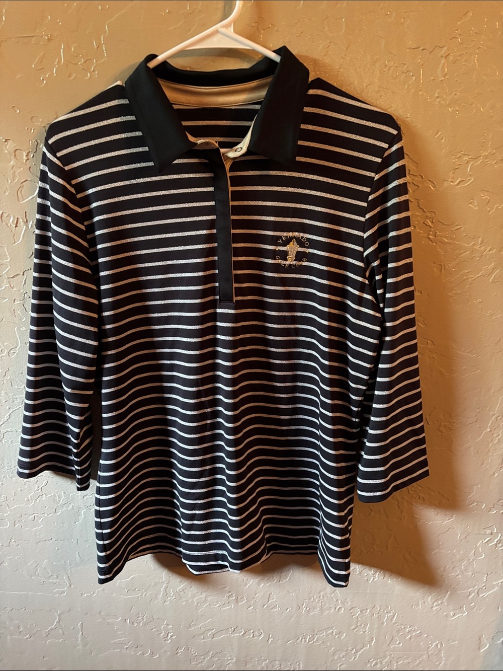 Tai Black & White Striped Polo Top